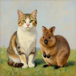 portrait painting of cat and quokka in the style of grant wood