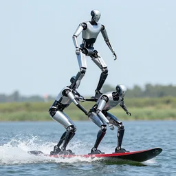 Highly detailed professional photography of tesla bots doing a human pyramid while water skiing