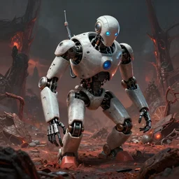 a robot exploring hell, digital art, extremely detailed