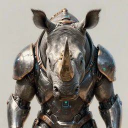 an anthropomorphic rhinoceros portrait wearing sci fi armor, front facing!!!, surrealism , scifi, intricate cyberpunk armor, elegant, highly detailed cyberpunkbody armor, neon glowing eyes, digital painting, artstation, concept art, smooth, sharp focus, illustration, art by Artgerm and moebius and Peter Mohrbacher,