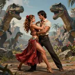 a hyper real comic book style portait painting of salsa dancers in the stone age with dinosaurs, unreal 5, hyperrealistic, octane render, cosplay, rpg portrait, dynamic lighting