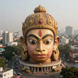 high quality 3 d dreamscape! biomorphic hanuman head building in the middle of mumbai!!, kalighat highly detailed, cinematic smooth, stephen shore & john j. park, soft morning light, wide shot, high angle, uhd 8 k, deep focus