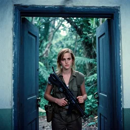film still, extreme far view, emma watson, jungle, vietnam door gunner, apocalypse now, associated press, 2 6 mm, kodak ektachrome, blue tint, expired film,