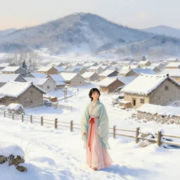 a beautiful picture of village in winter, a girl in hanfu, by greg rutkowski and thomas kinkade, trending on artstation