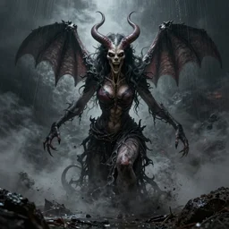 💀 lilith the mother of all monsters angry, raining ash, fine art masterpiece, highly detailed dino valls wayne barlowe machiej kuciara, dramatic lighting, long shot, wide angle, uhd 8 k, sharp focus