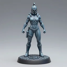 80mm resin detailed miniature of a helmeted muscular woman in full-face iron helmet, full body, stomach, navel, boots, Logo, on textured disc base; Product Introduction Photos, 4K, view from front