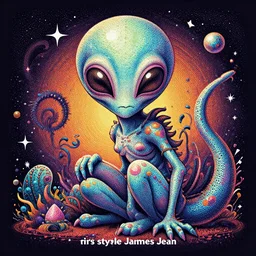 “intricately painted alien creature, dotart, album art in the style of James Jean”