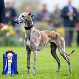 full body photo of a robot greyhound winning crufts, award winning, bokeh, high detail