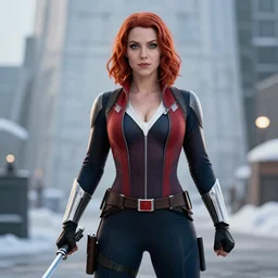 black widow cosplay, north pole, ellen lily photo style, artstation, 4 k, correct body build, good light