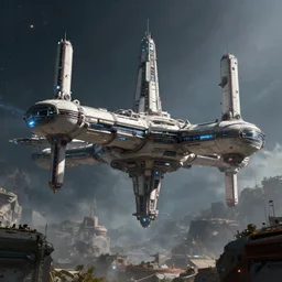 Colossal cyberpunk space station viewed from the outside in the style of Star Citizen