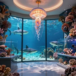 photo of the modern fashionable room as aquarium with a chandelier as a big jellyfish, beautiful corals on the walls and dangerous sharks on the big panoramic window, realism, sharp details, cinematic, a lot of gleans, under the ocean, realistic colors, realistic shadows, daylight by beeple and by greg rutkowski