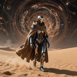 a cyborg dressed in a large cloak walking through a dangerous desert, close up, fractal background, made by moebius, jean giraud & kilian eng moebiues style