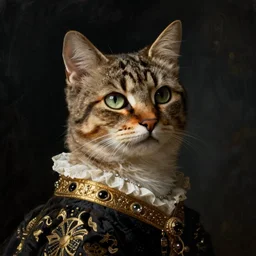 a cat queen, in the style of the dutch masters and gregory crewdson, dark and moody