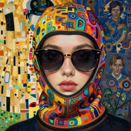 a close up of beautiful model wearing a balaclava and sunglasses surrounded by colourful intricate patterns, by gustave klimt and edgar maxence and caravaggio and michael whelan, intricate painting, hyper realistic, extremely detailed and beautiful aesthetic face, 8 k resolution