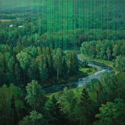 a beautiful painting of a vast serene landscape with trees and rivers, green matrix code, detailed, deep focus, movie still, dramatic lighting, ray tracing, by michal karcz and ryoji ikeda