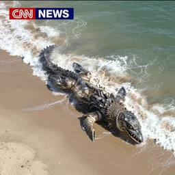 CNN news footage taken from above. A huge creature is washed up on the beach.