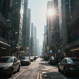 photorealistic post - apocalyptic cyberpunk city streets. daylight. sunlight. lens flare. light fixtures. 8 k. detailed. photorealism. artstation. 2 5 mm f 1. 7