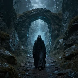 eldritch necromancer in a mountain pass, magical portal