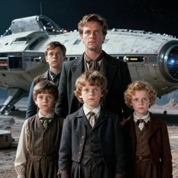 extremely sharply detailed, scan from blockbuster 9 6 k sci fi color movie freeze frame, set 1 8 6 0, family standing in front of crashed spaceship, on alien planet, wearing 1 8 5 0 s era clothes, atmospheric lighting, in focus, reflective eyes, 9 9 9 9 9 mm lens, live action, nice composition and photography, clear facial details