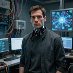 zoomed out, a dark male android in dark gray clothes, in a room crowded with wires and computers and neural networks, realistic face, zoomed out, sci - fi, ai, 4 k realistic, artem demura. alphonse mucha.