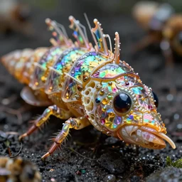 incredibly realistic, too detailed sculpture, chrysalis barracuda head, made of iridescent carapaces, beeswax, membrane, octane render, bump mapping, macro image, global illumination, 8k, bokeh, Artstation, Ilya Kushinov