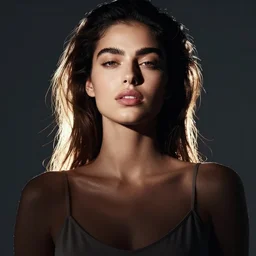 studio photo of a beautiful girl with bushy eyebrows, thick lips, looking at the camera, wearing a camisole, low contrast, octane, arney freytag, vogue, backlit, rim lighting, 8k