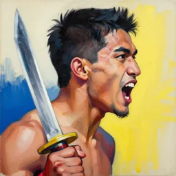 greg manchess portrait of a filipino mma fighter with a sword shouting happy, profile picture, organic painting, sunny day, matte painting, bold shapes, hard edges, street art, trending on artstation, by huang guangjian, gil elvgren, ruan jia, randy vargas, greg rutkowski