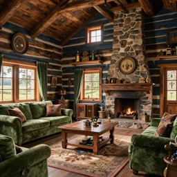 photo of elegant, sophisticated medival hunter's log cabin living room home interior blue, green brown colors cozy wood furnitures