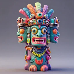 photo of a opalescent claymodel of a multicolored steampunk tiki with three heads, wearing a aztec helmet with multicolored irisdiscent tubes and shiny metallic devices, 3 d render, crisp, trippy, 8 k, fluorescent colors, very integrate