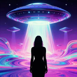 female silhouette with 1 9 7 7 buick staring at ufos infinite sky, ( ( synthwave ) ), ( ( fractal waves ) ), bright neon colors, highly detailed, exquisite detail, smooth gradients, cinematic, tim white, roger dean, michael whelan, caza, bob eggleton, philippe druillet, vladimir kush, kubrick, alfred kelsner, vallejo