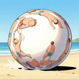 cartoon of a giant ball of human bodies in bathing suits rolling down the beach in sunday funnies style