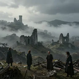 gloomy foggy hills with medieval ruins and abandoned mine shafts, photorealistic movie still by michael komarck, greg rutkowski, victo ngai, artgerm, willem claesz heda and j. dickenson