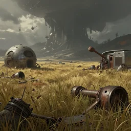 a highly detailed beautiful matte painting of the outer worlds screenshot, a tall grass field, broken machinery, simon stalenhag, featured on artstation, pulp scifi book cover art, i can't believe how beatiful this is, wow