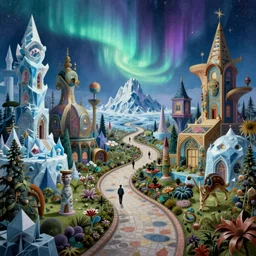 an epic elite masterpiece mysterious sci - fi matte painting of a winding path through arctic dream worlds with surreal structures inspired by heironymous bosch's garden of earthly delights, surreal ice landscapes by asher durand and cyril rolando and natalie shau and thomas kinkade, insanely detailed and intricate, elegant, northern lights, synthwave