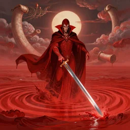 sacred vampire, red sea, sword attack, epic, acanthus scroll, ceremonial clouds, dripping paint, fibonacci rhythm, artstation, art germ, wlop, karol bak, christopher balaskas, ross tran