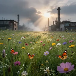a macro of a beautiful meadow, an abundance of flowers and butterflies, dew drops, surrounded by dirty industrial buildings, heavy smoke, cinematic light, god rays, fantasy landscape,