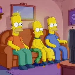 the simpsons and addams family sitting on a couch watching television, pixar art, stylish, john lassiter, cinematic frame, relaxed environment,