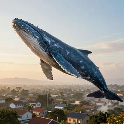a huge blue whale is flying above an indian suburb, epic, surreal, cinematic shot, golden hour, artstation, deviantart, dreamy atmosphere, high definition