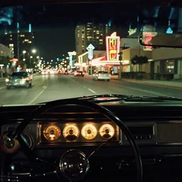 first - person perspective in the barely lit interior of a vintage car looking over the elaborate dash with glowing radio dial, looking through the car window at a city street hotels with lit windows and neon animated casino signs, automobiles in 1 9 7 0's las vegas at night,!! color photo!!, vintage film artifact
