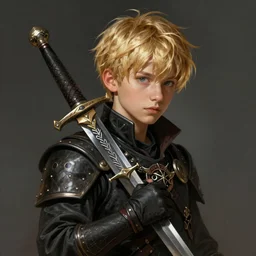 portrait of a young, blonde boy, thief with daggers, D&D, fantasy, intricate, cinematic lighting, highly detailed, digital painting, artstation, concept art, smooth, sharp focus, illustration, art by Hajime Sorayama