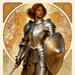 Ebony female Warrior in full armor and shield, Digital art, art by Alphonse Mucha, Greg Rutkowski, Alex Ross, WLOP, Artstation, 8K