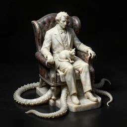 isometric view ancient marble statue - howard phillips lovecraft dressed suit sit in tall leather armchair, lap the cat, big tentacle as circle lie on floor, and wall darkness, cast iron material, black background, octane render, backlight, highly detailed intricate matte sharp focus digital painting artstation pixiv