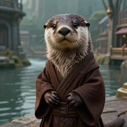 portrait, anthropomorphic otter wearing Jedi robes in a futuristic river town. Dramatic lighting, cinematic, establishing shot, extremely high detail, photo realistic, post processed, artstation, matte painting, style by eddie mendoza, raphael lacoste, alex ross