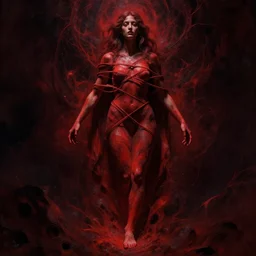 we are spirit, bound to this body, we go around, one foot nailed down, 8 k concept art, dramatic lighting, cinematic, by gustave moreau, high detail, ultrahigh quality, dark red and black color