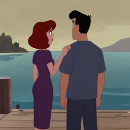 dexter's lab by art frahm lush, incredible. a beautiful collage of a man & a woman are standing on a dock, looking out at a body of water. the woman has her hand on the man's shoulder, & they appear to be deep in conversation. the colors in the collage are muted, & the scene has a calming feeling.