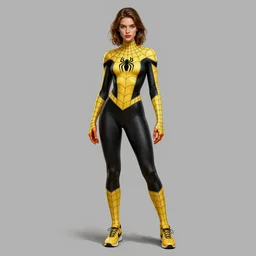 full body character turnaround of a woman in an orb weaver spider costume with running shoes, character sheet, matte painting, spiderwoman!!, john singer sargent, good value control, highly detailed portrait, character turnaround, digital painting, concept art, artstation, realistic proportions, realistically proportioned body, sharp focus, smooth, illustration, yellow and black color scheme,