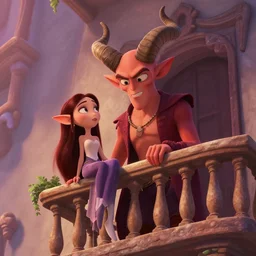 bald demon with large horns in the style of pixar holding an brunette elf over a balcony full color