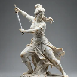 highly detailed statue made of marbel, beautiful young woman, over exaggerated proportions, with a sword in her right hand, martial art pose, octane render, ripped cloth, volumetric lights, dramatic, highly detailed
