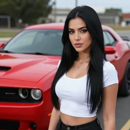 woman with long black hair standing next to a red 2021 dodge challenger r/t, 8k, detailed face,