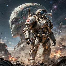 an epic 3 d mattepainting and photobash of a massive steampunk soldier with profile picture of alien civilization with style of futuristic and hyper - realist and post apocalypse including nuclear war and daylight and interstellar with scifi blockbuster cg vfx concept art riot cinematic bio hazard soviet by zdislaw beksinski and fvckrender and visualdon trending on cgsociety unreal engine 5